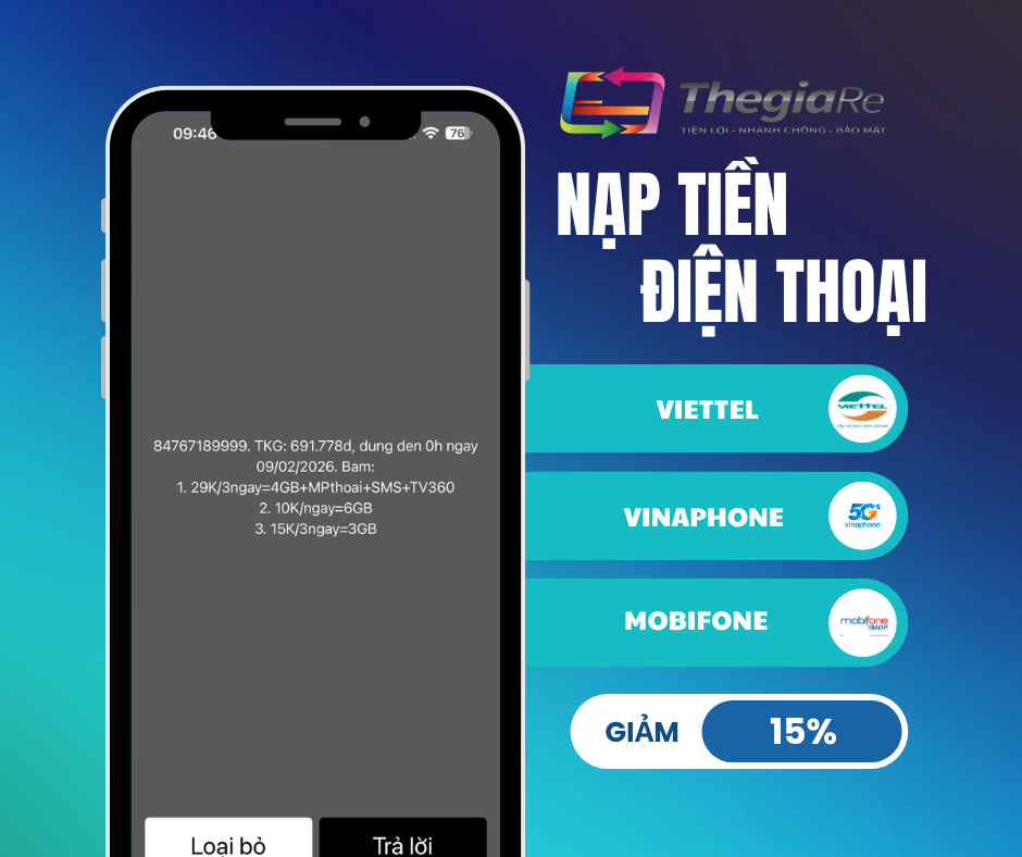 Cách nạp tiền vào Sim Viettel, Mobifone, Vinaphone ở Thegiare.vn chiết khấu 10 - 15%